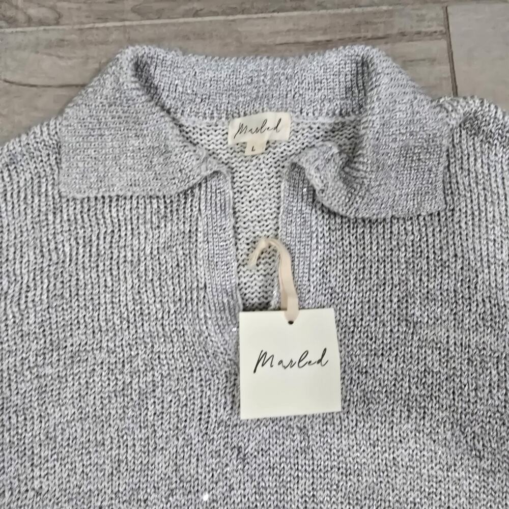 Marled Womens Light Gray Metallic Sweater Size L Shimmery Knit Collared Pullover - Picture 5 of 12